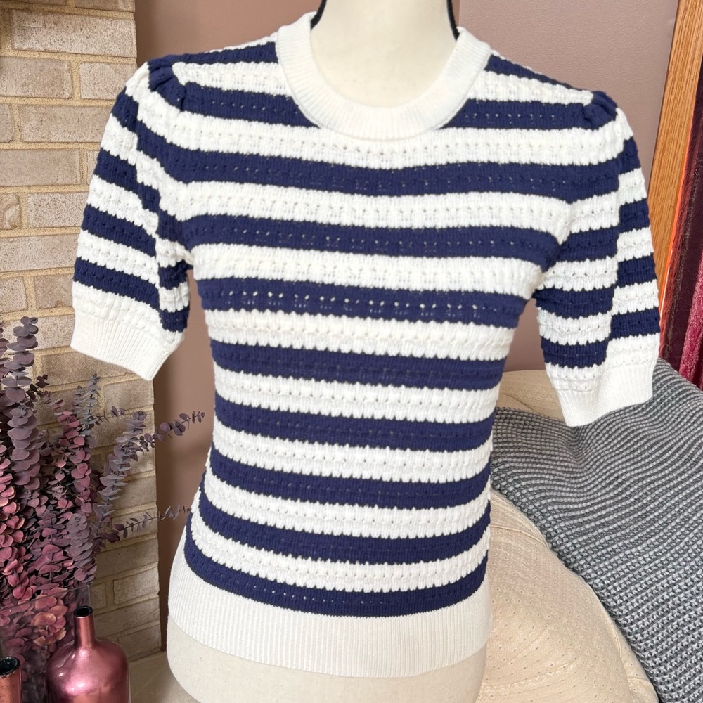 TRUTH by Republic Striped Pointelle Sweater - Navy & White Stripes